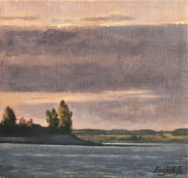 Волжский пейзаж на закате картина маслом на холсте