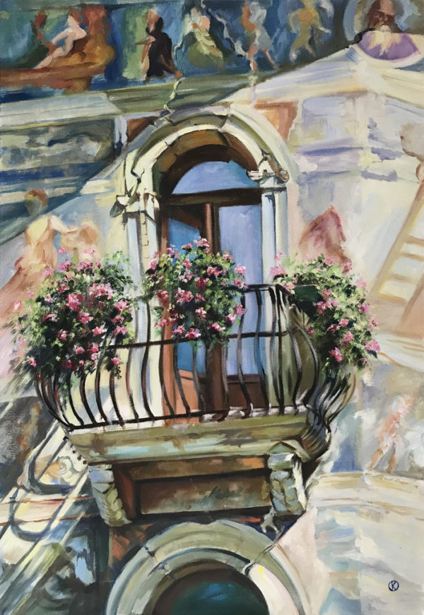 Картина маслом на холсте балкончик в южном городке